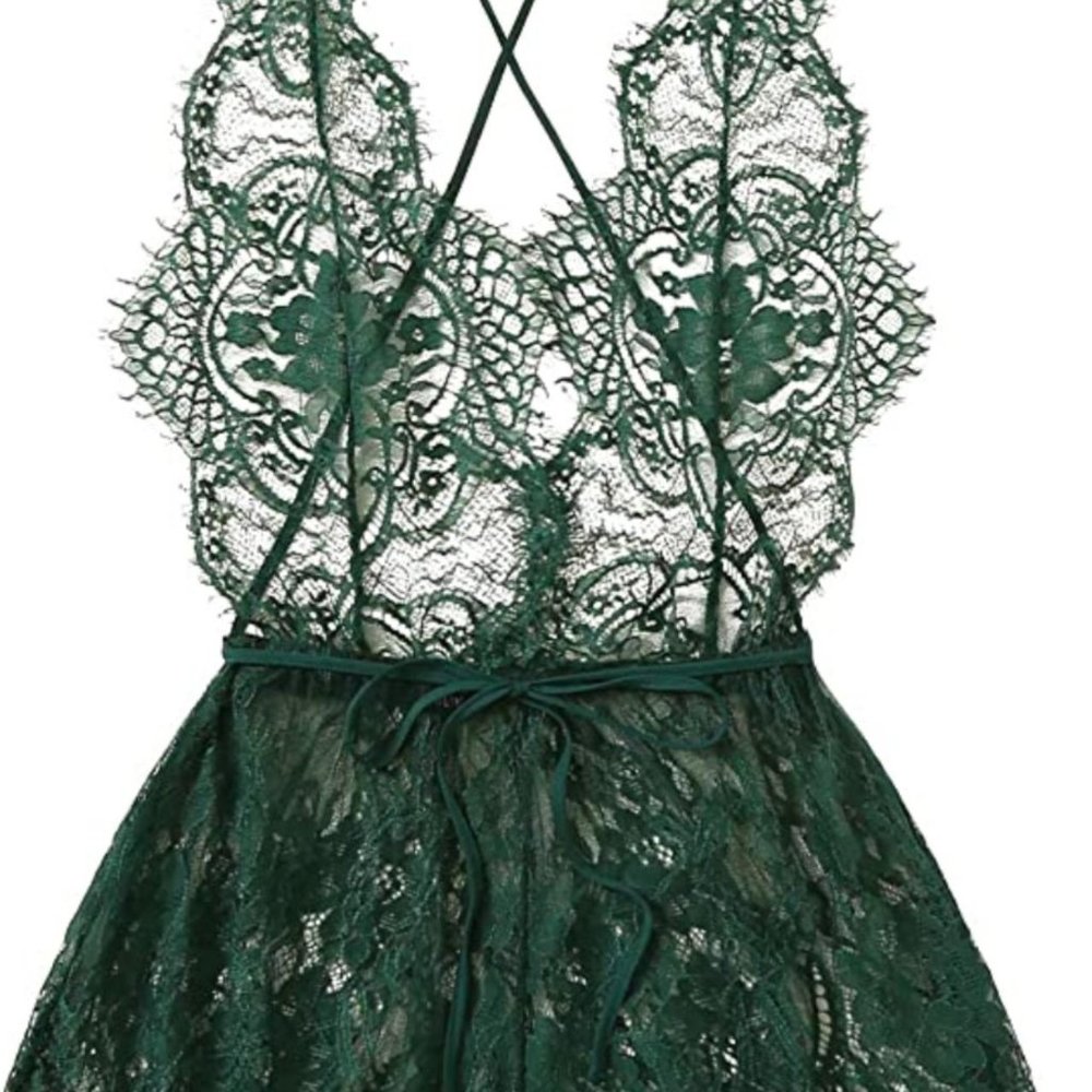 MakeMeChic Women's Lace Teddy Lingerie Deep V Backless Sleeveless Romper